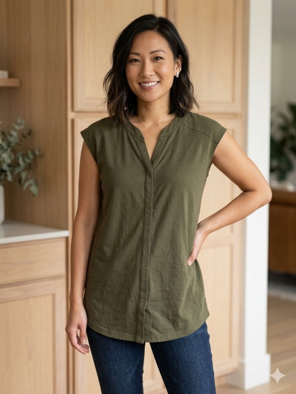 Olive Sleeveless V-Neck Women’s Blouse